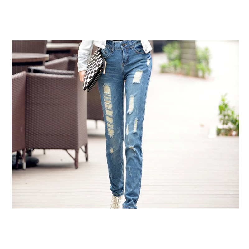【LKN-新款欧美范破洞拉丝牛仔裤 可翻边宽松