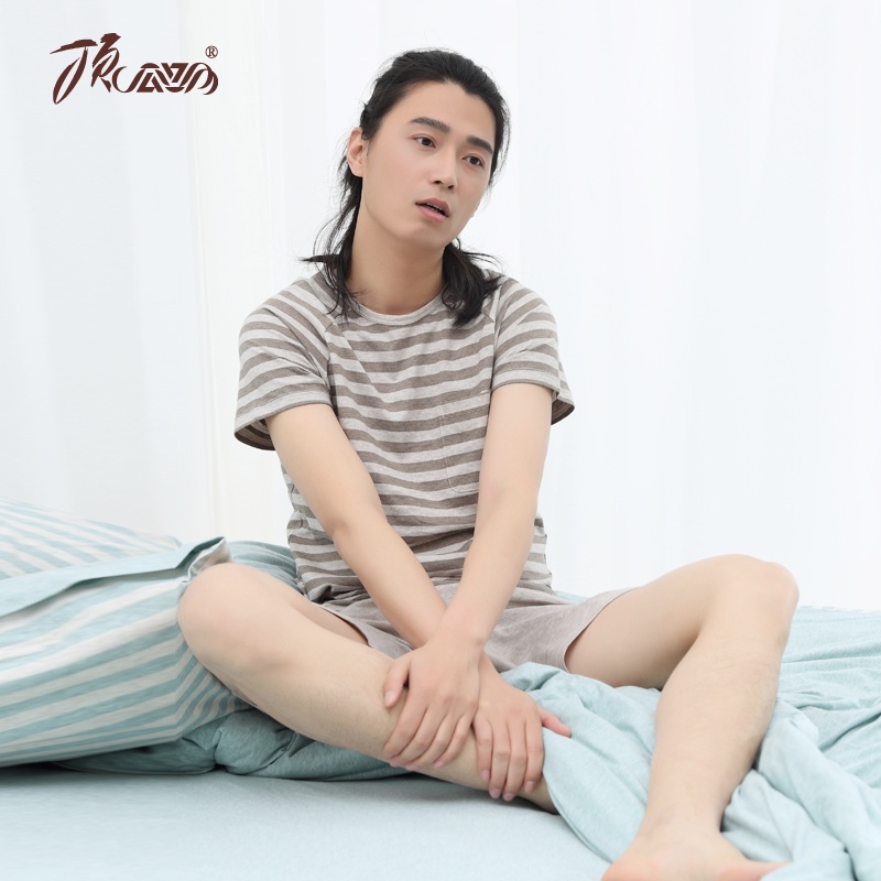 【<em>顶瓜瓜</em>顶呱呱 夏季新款纯棉条纹短袖<em>男士睡</em>